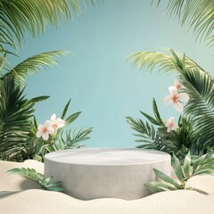 Obraz premium Tropical beach scene with a round pedestal, surrounded by white flowers and palm fronds on sandy ground against a blue sky