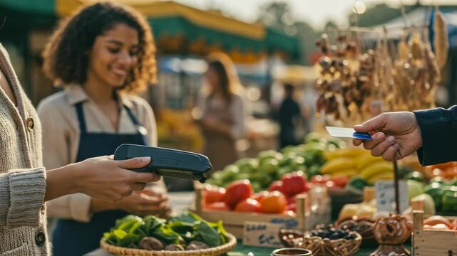 Customer paying with credit card at outdoor market stand. Contactless payment at marketplace via pos terminal video. Purchase vegetables with bank card motion. Financial technology payments footage. - Powered by Adobe