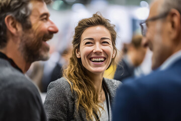 A group of business professionals engaged in lively conversation, smiling and networking at a business event, relaxed and joyful atmosphere of collaboration and social interaction.
