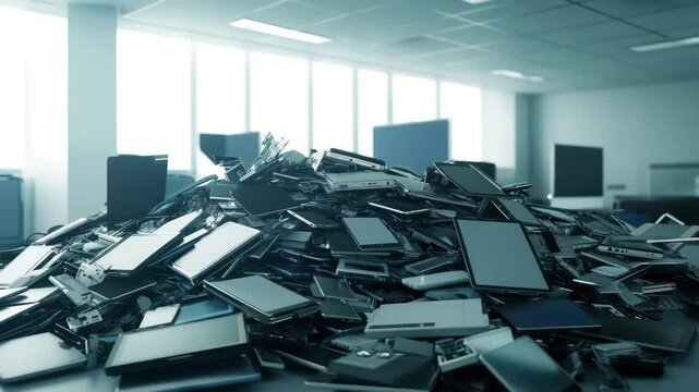 Large pile of broken and discarded electronic devices including tablets and laptops stacked in bright office space, highlighting e waste, technology disposal, and screen recycling challenges.