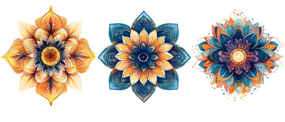 Three Floral Ornaments With Intricate Petal Designs Featuring Blue Yellow And Orange Hues Against Transparent Background