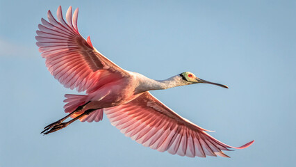 Majestic Roseate Spoonbill captured mid-flight, with its beautiful pink feathers spread wide.