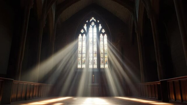 Sunlight beams through stained glass window in dark gothic church interior, illuminating wooden pews and stone wall, creating peaceful and spiritual atmosphere with warm beam light - Powered by Adobe