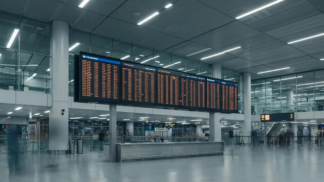 Empty departure hall with large flight information display board in an airport. Airport terminal interior with timetable screen video footage for travel and logistics.