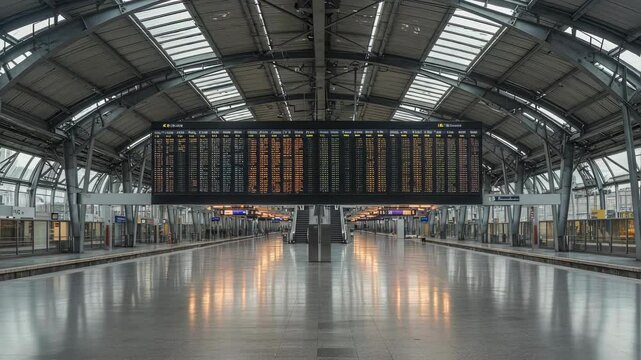 Train station platform with schedule display board. Empty train station with departure and arrival information screen. Public transportation and travel planning video footage.