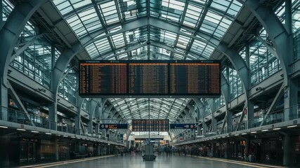 Empty subway station platform with departure board information. Metro terminal interior with schedule display animation. Urban transport and travel concept motion footage.