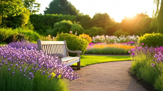 Wooden bench beside winding garden path with blooming lavender flowers and lush green bushes bathed in warm sunlight, creating peaceful outdoor nature atmosphere