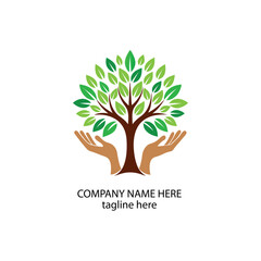 Obraz premium A stylized illustration of two hands in brown shades, positioned upward, supporting a vibrant green tree made of various leaf shapes