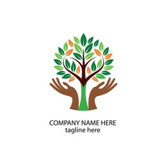 Obraz premium A stylized illustration of two hands in brown shades, positioned upward, supporting a vibrant green tree made of various leaf shapes