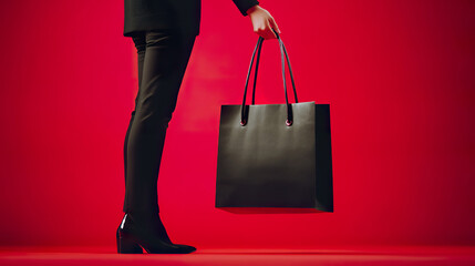 Luxurious black shopping bag on red background for seasonal Black Friday sale promotion