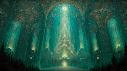 book cover for esoteric fiction | initiation through light | divine serenity | emerald and topaz blend | vertical transcendence | crystalline temples | radiant drapery detailing | hatching glow |
