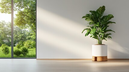Bright modern interior with large window overlooking lush green trees and a stylish potted plant on a sunny day