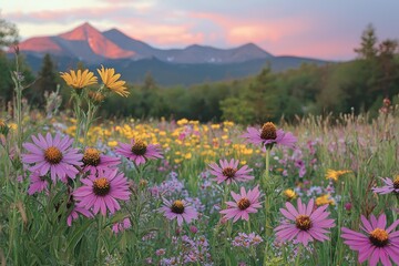 Obraz premium Colorful meadow at sunset with mountain backdrop.