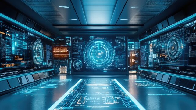 Futuristic control room with glowing digital interfaces and holographic displays