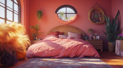 Sunlit bohemian bedroom with terracotta walls, a large bed, and abundant plants