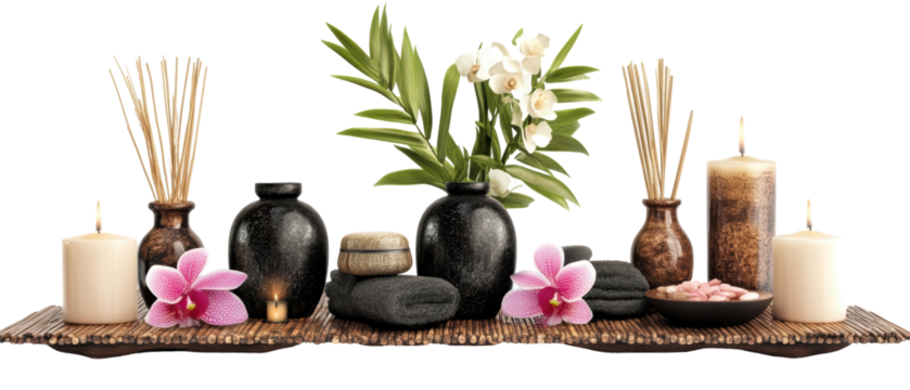 Spa Arrangement With Candles Flowers Stones and Decorative Elements Against Transparent Background