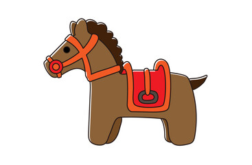 An illustration of a cute horse with a red saddle