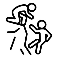 An (outline style) illustration of two stylized human figures interacting with a jagged cliff, where one figure is reaching to help another who is falling off the edge, denoting a desperate rescue