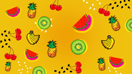 summer tropical fruit seamless pattern yellow background