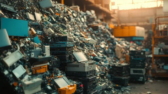 Electronic waste recycling industrial warehouse with discarded computer parts, old monitors, electronic scrap, circuit boards, and technology waste showing e waste challenges and environmental impact