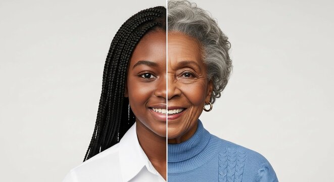 A split image showing a black african american woman with half the face young and the other half an old senior woman, age comparison, before and after, elderly, youth, mature, face, contrast, concept,