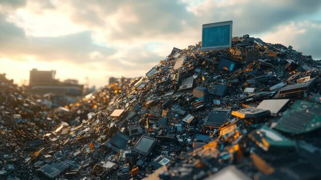 Large pile of electronic waste including discarded circuit boards and computer parts cloudy sky, highlighting pollution, landfill issues, e waste recycling challenges, and technology scrap disposal