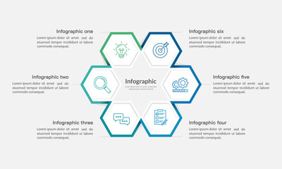 Infographic hexagon design template. The pie chart is divided into 6 parts. Presentation, Banner, Plan and Strategy. Vector illustration.