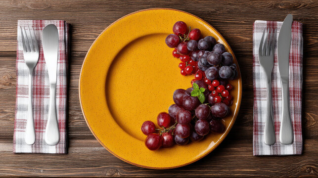 Empty yellow ceramic plate filled with fresh purple and red grapes with green mint leaves on a rustic wooden table set with silverware and checkered napkins for a healthy meal or snack presentation