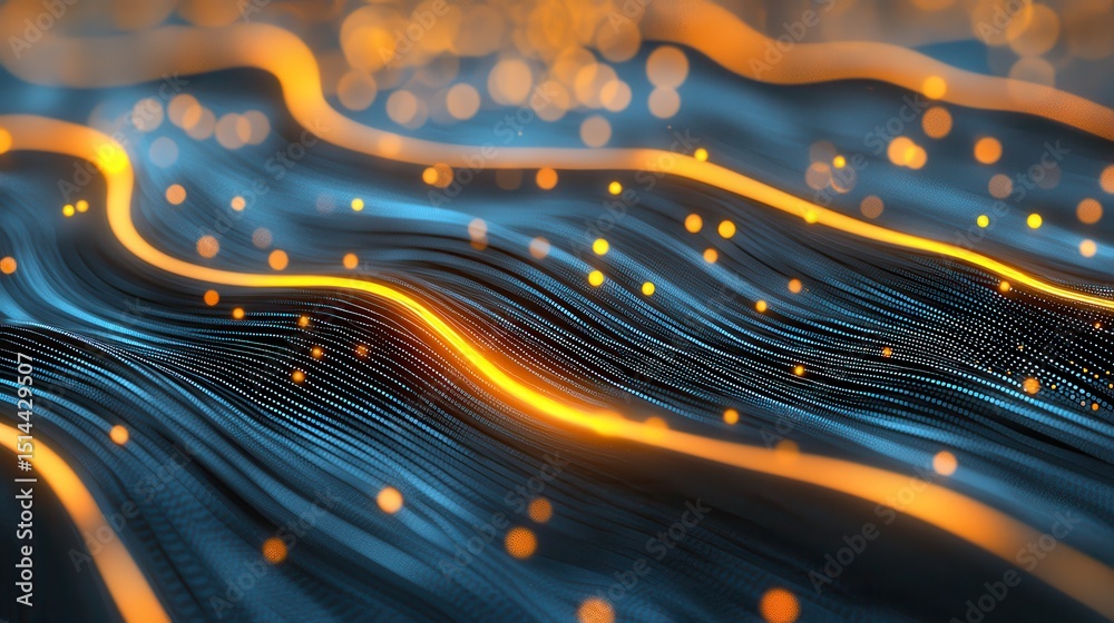 Aufkleber business developmen concept. Abstract wave patterns with glowing lights in blue and orange tones create a dynamic visual effect.