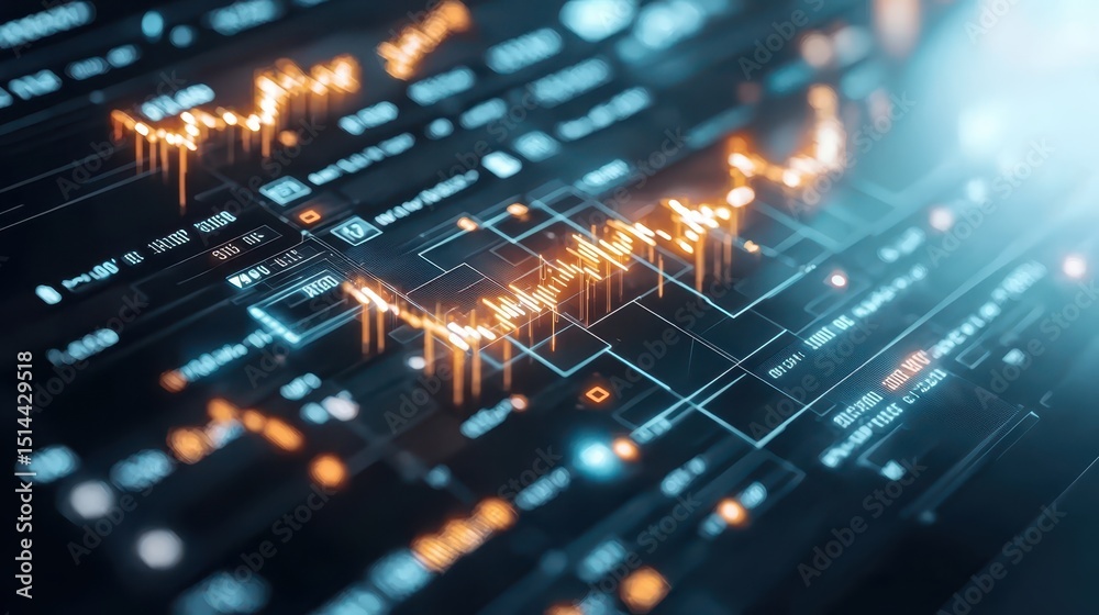 Aufkleber business developmen concept. Digital data visualization with glowing graphs and lines representing analytics and trends.
