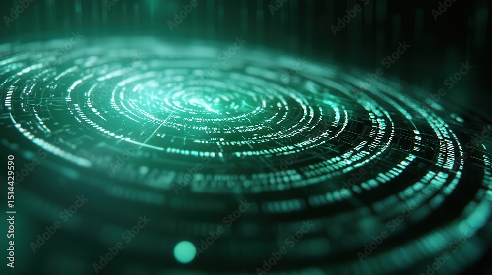 Poster business developmen concept. Abstract digital design featuring swirling data patterns in green hues.