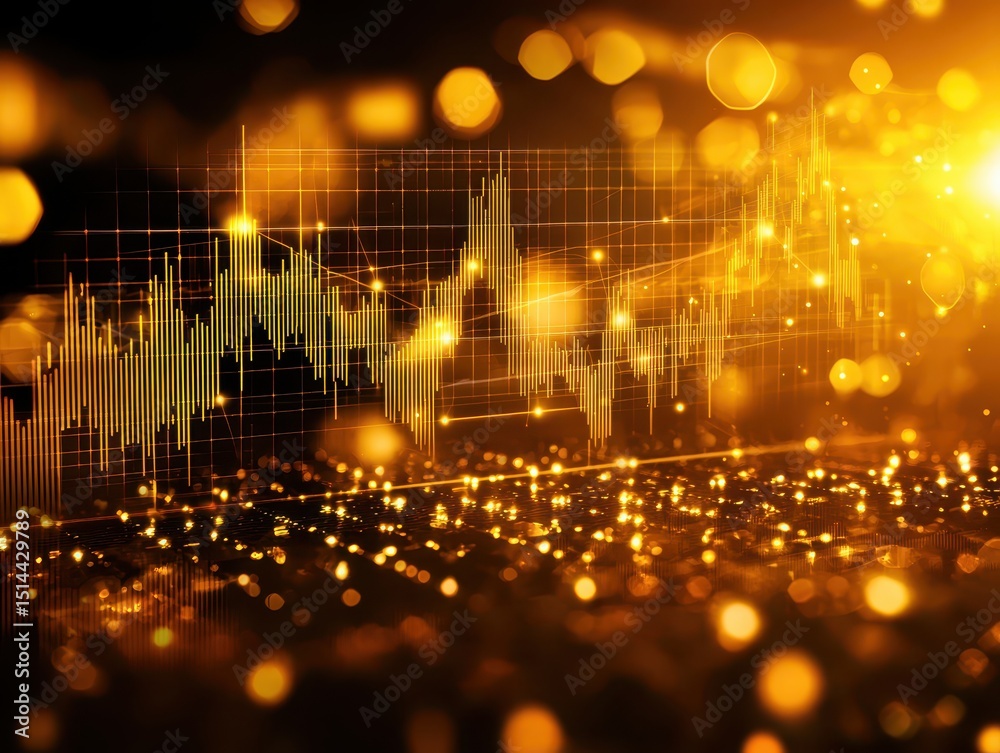 Poster business developmen concept. Abstract financial data visualization with golden bokeh effects.