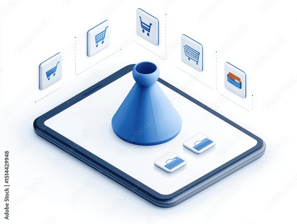 Poster business developmen concept. Digital funnel concept with shopping icons representing e-commerce transactions and data flow.