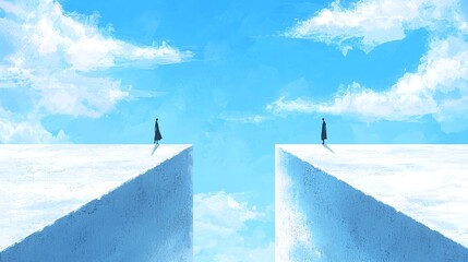 Two Figures Walking Parallel Paths on Blue Sky Cliffs