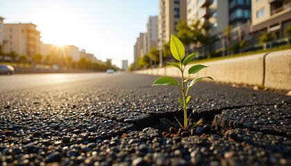 A small plant bravely grows through cracked asphalt on a road, symbolizing hope and resilience.