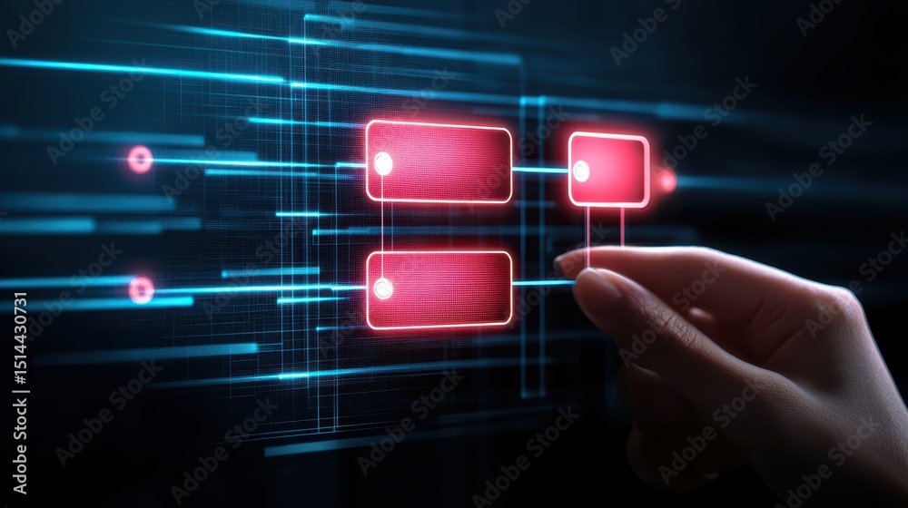 Aufkleber business developmen concept. Digital hand interacting with a glowing network interface and red data blocks.