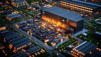 Fototapeta premium Modern data center with server racks illuminated at night in an industrial area with surrounding infrastructure