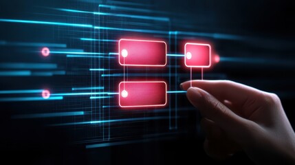 business developmen concept. Digital hand interacting with a glowing network interface and red data blocks.