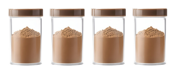Fototapeta premium Four Transparent Glass Jars Containing Brown Powder with Brown Lids Isolated on Transparent Background