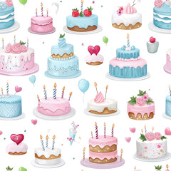 Watercolor style, seamless pattern of birthday cakes, organic shapes, isolated on white background. PNG