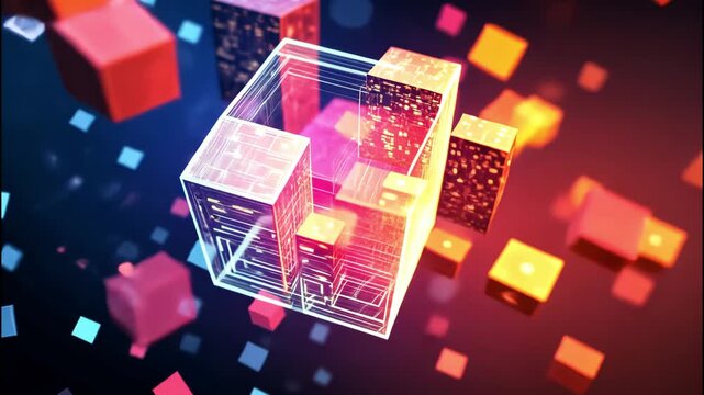Colorfully-animated glowing cube structures floating in digital space with futuristic effects
