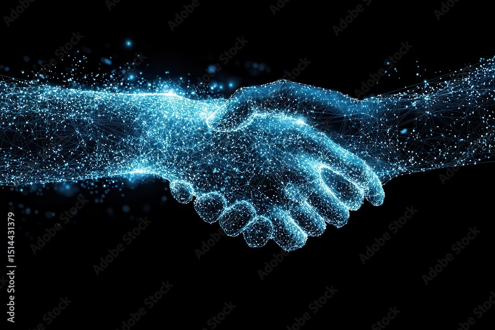Aufkleber business developmen concept. Digital handshake symbolizing collaboration and connection in a tech-driven world.