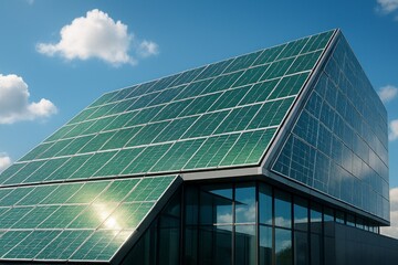 Modern architecture featuring a facade covered in solar panels under a partly cloudy sky, daytime.