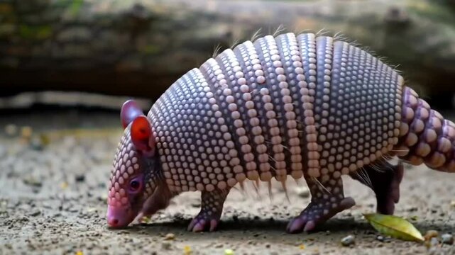 Pink fairy armadillo walking on the ground in natural habitat