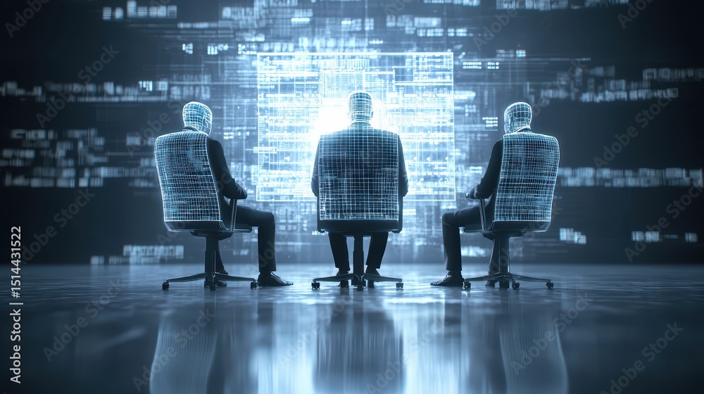 Poster business developmen concept. three people in chairs analyzing data on a futuristic screen.