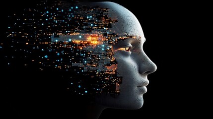 Obraz premium Digital abstraction of a human face - an AI-powered visualization symbolizing data security and cyber intelligence