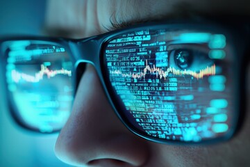 business developmen concept. Close-up of a person wearing glasses reflecting digital data and graphs.