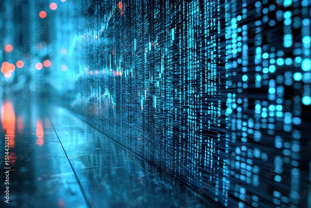 Poster business developmen concept. Futuristic digital representation with glowing data patterns and reflections.