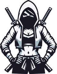 Fototapeta premium Fierce Female Ninja Character with Twin Katanas – Vector Esports Mascot Design