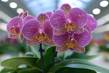 Fototapeta premium Close-up of vibrant purple orchids in a greenhouse setting.